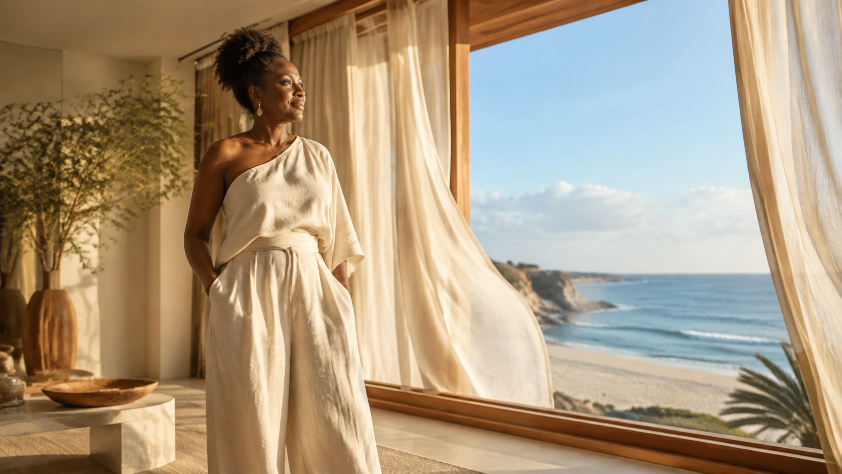 A confident Black woman looking toward the ocean through sunlit, flowing curtains